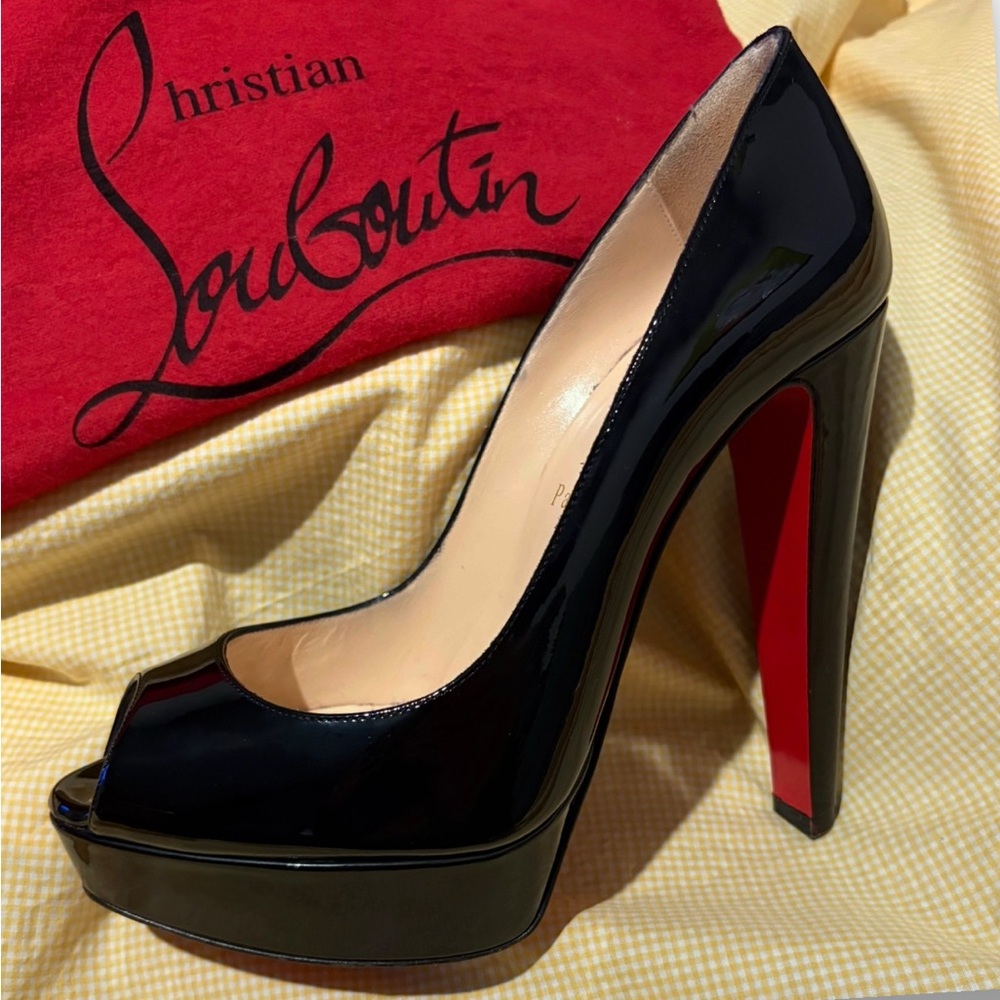 Christian Louboutin Black Patent Peep-Toe Platform Pump with Red Sole Size 38.5